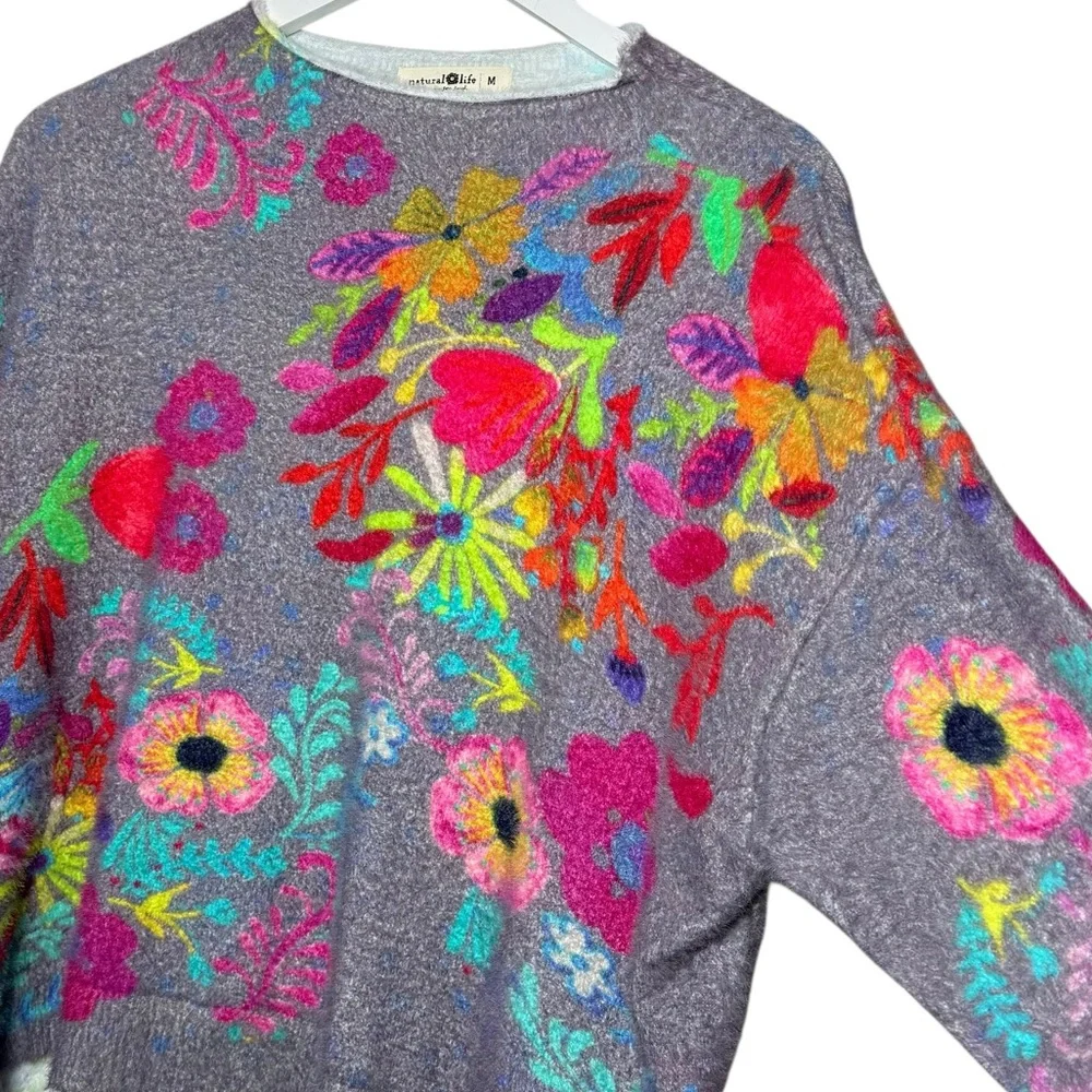 Natural Life Cashmere Like Mock Neck Sweater Charcoal Pink Poppy Size Medium - Picture 6 of 11